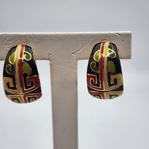 Vintage Diane Von Furstenburg Blue, Red, Green, & Cream Enamel Clip-On Earrings